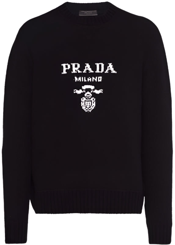 Prada Logo Cashmere-Wool Crewneck Sweater Black