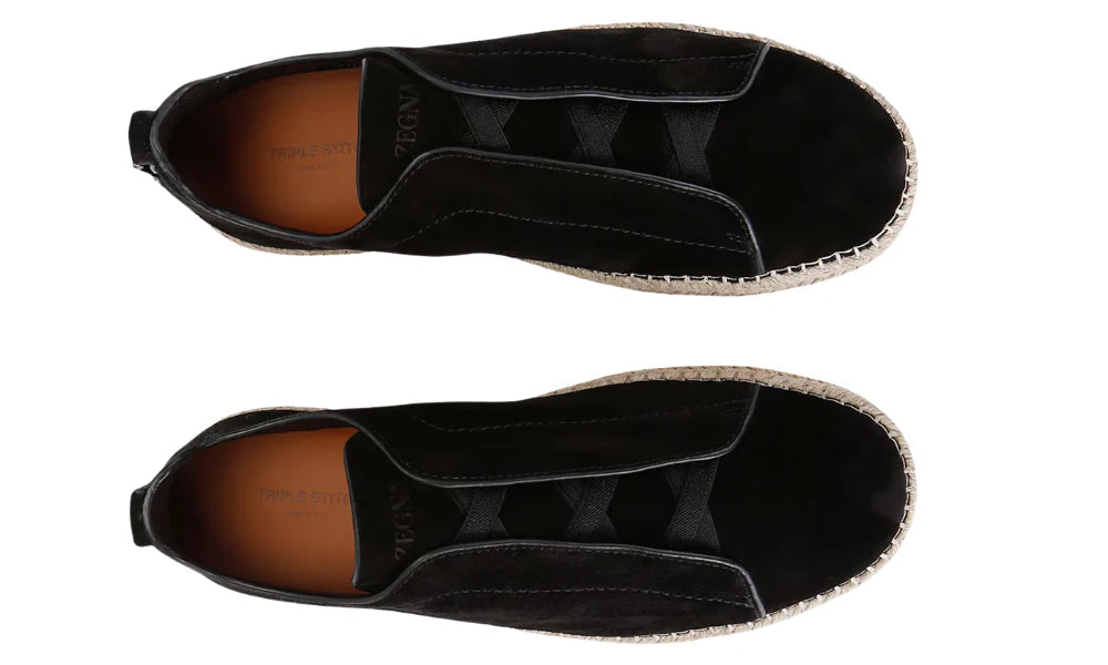 Zegna Suede Triple Stitch Espadrilles "Black"