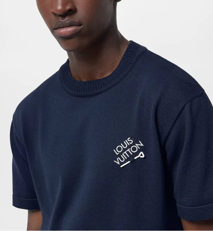LV Embroidered Signature Short-Sleeved Cotton Crewneck Navy Blue