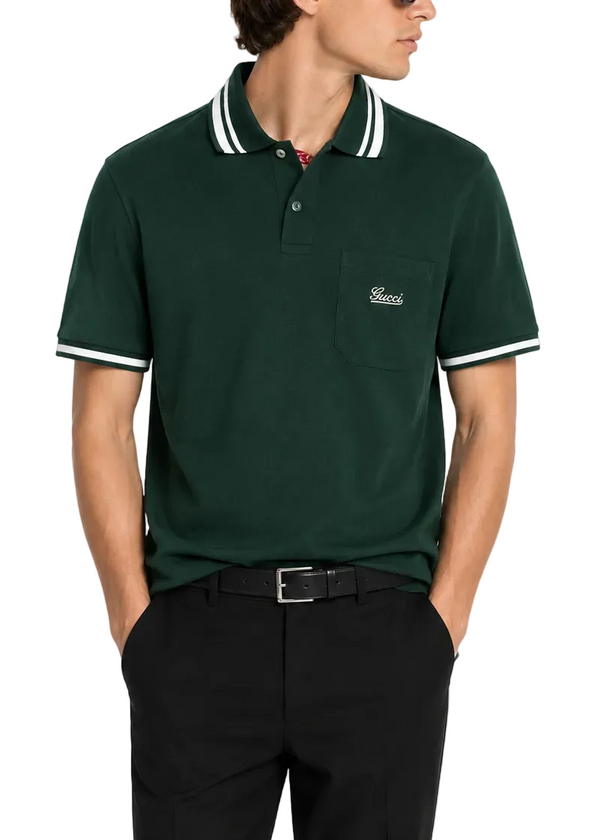 Gucci Slim Fit Striped Pocket Polo Shirt "Green"
