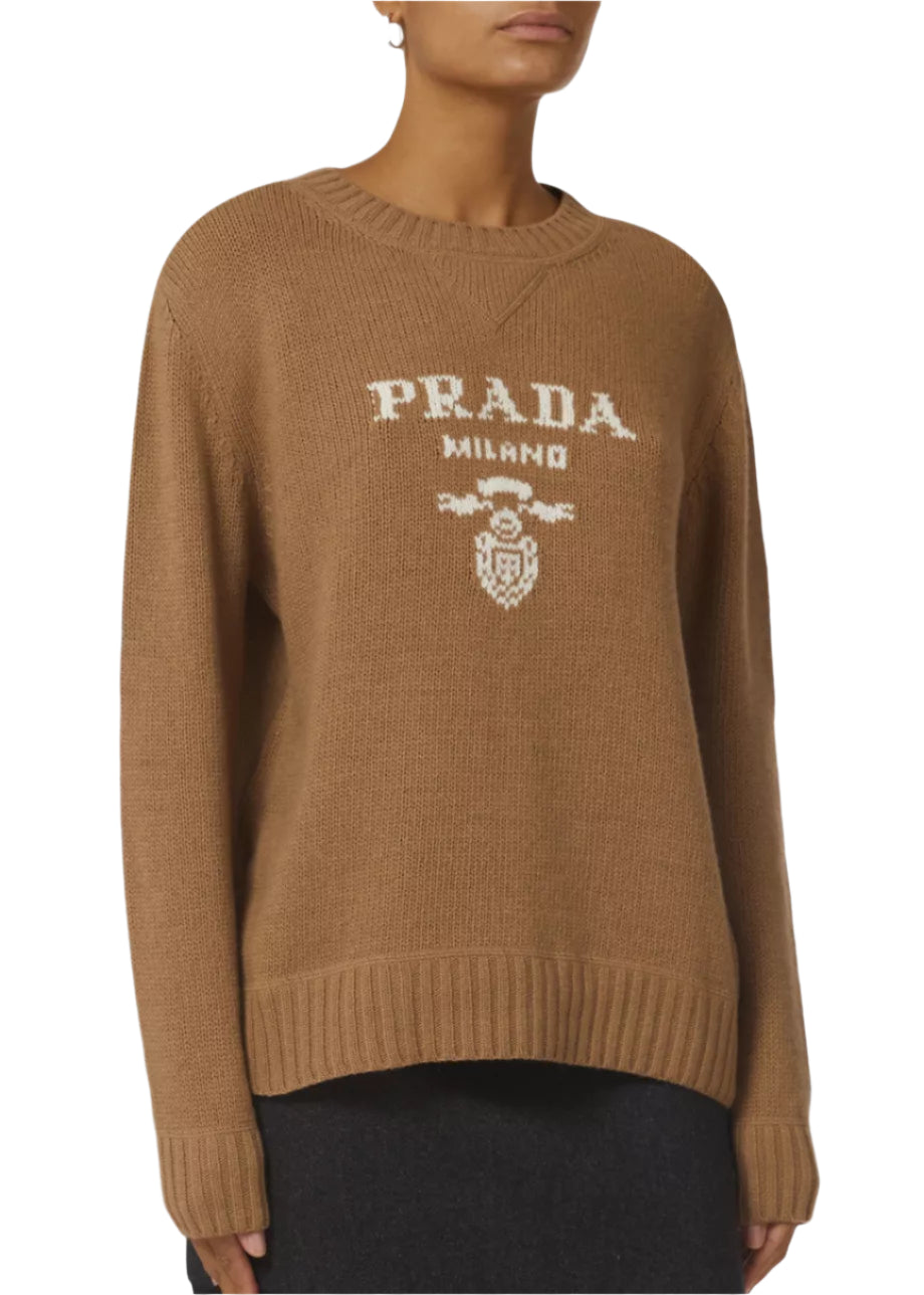 Prada Logo Cashmere-Wool Crewneck Sweater Camel Brown