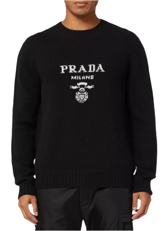 Prada Logo Cashmere-Wool Crewneck Sweater Black