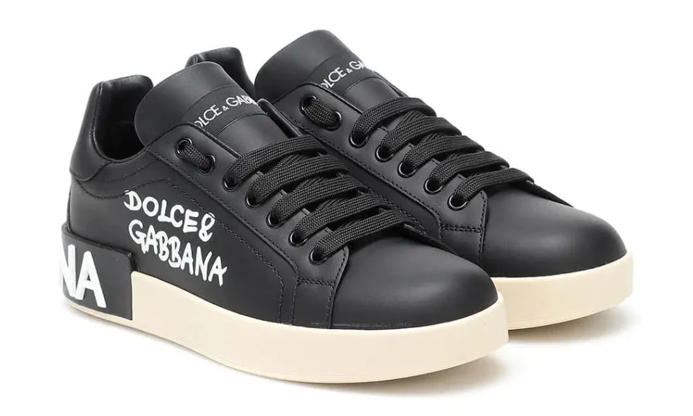 DOLCE & GABBANA Logo Print Leather Lace-up Trainers In Black