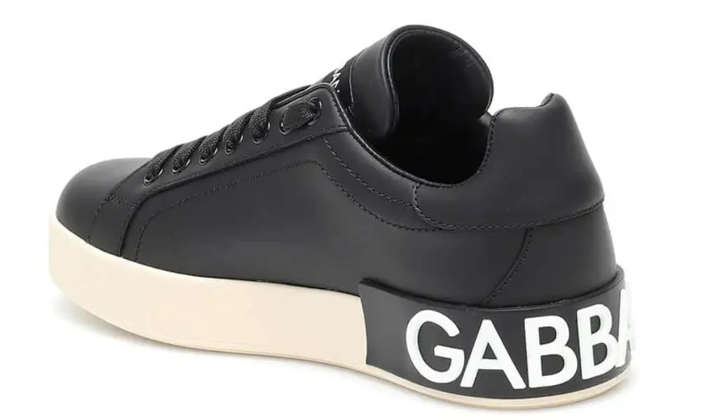 DOLCE & GABBANA Logo Print Leather Lace-up Trainers In Black