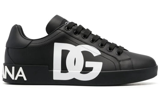 DOLCE & GABBANA Logo Print Leather Lace-up Trainers In Black