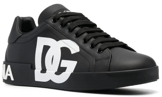 DOLCE & GABBANA Logo Print Leather Lace-up Trainers In Black