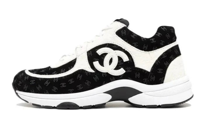 Chanel Suede Trainer Printed CC Black White