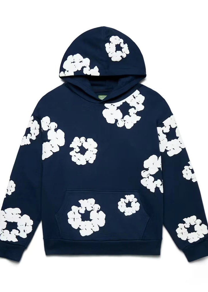 Denim Tears Cotton Floral Print Navy Blue Hoodie