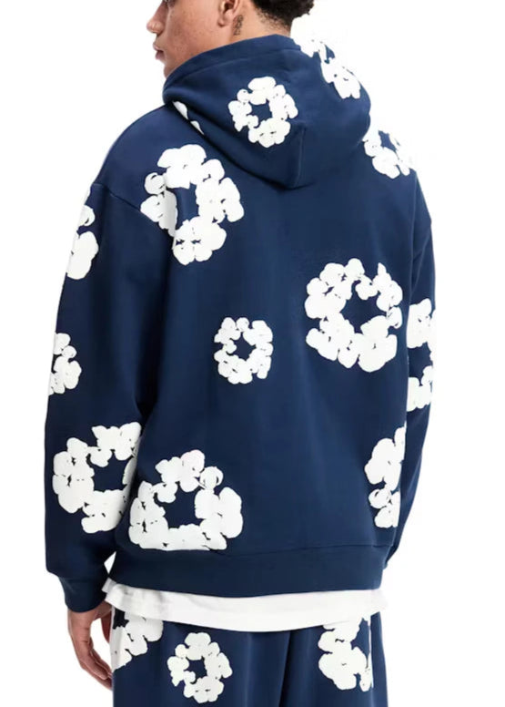 Denim Tears Cotton Floral Print Navy Blue Hoodie