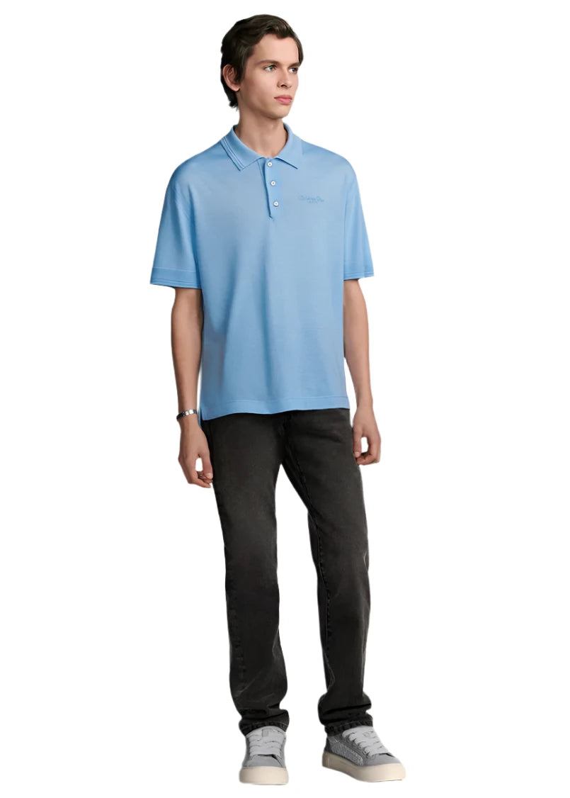 Christian Dior Couture Polo Shirt Blue Virgin Wool Jersey
