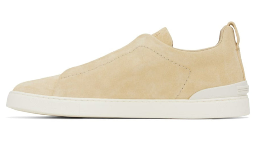 Zegna Light Cream Suede Triple Stitch Sneakers