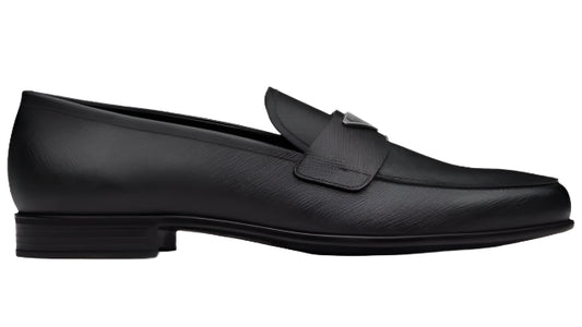 PRADA Plaque Loafer Black Saffino Leather