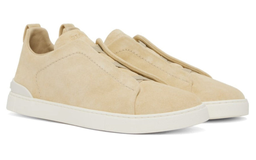 Zegna Light Cream Suede Triple Stitch Sneakers