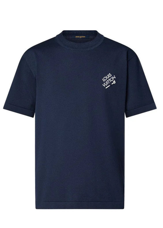 LV Embroidered Signature Short-Sleeved Cotton Crewneck Navy Blue