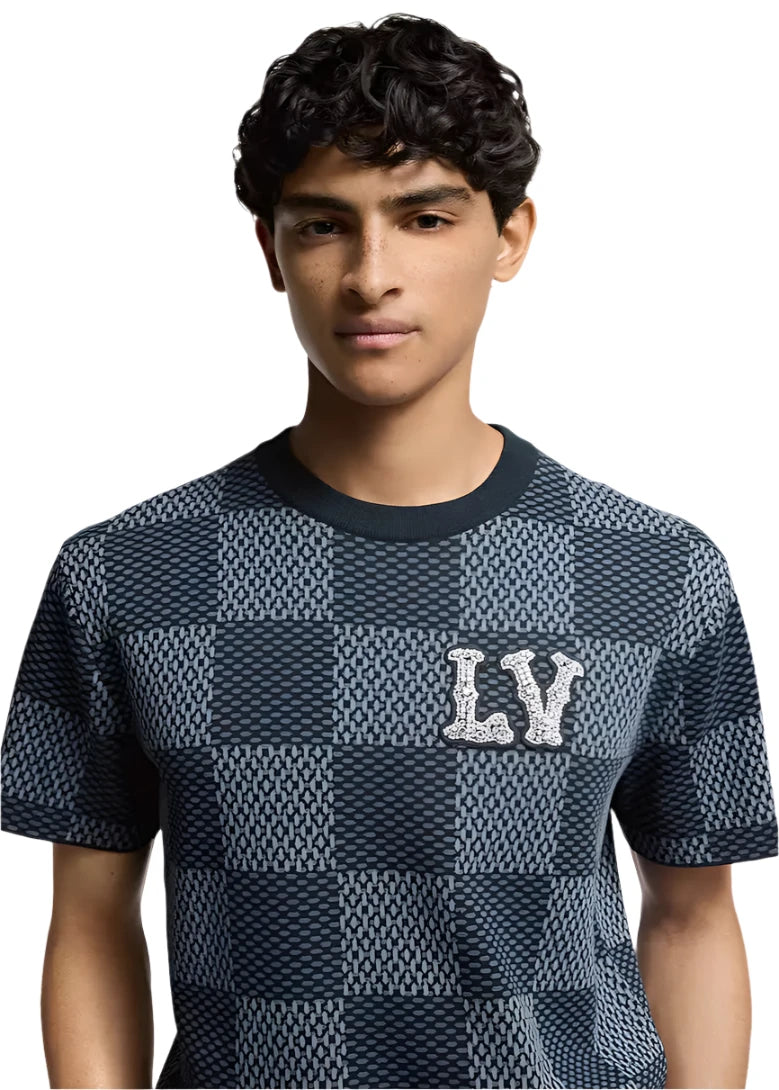 Damier Short-Sleeved Crewneck With LV Crystal Patch